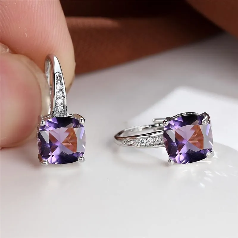 Geometric round ear hook earrings with square zircon inlay in electroplated copper construction