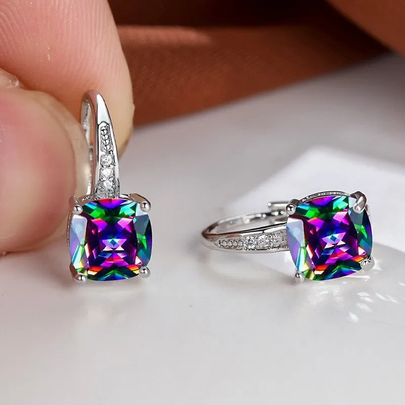 Geometric round ear hook earrings with square zircon inlay in electroplated copper construction