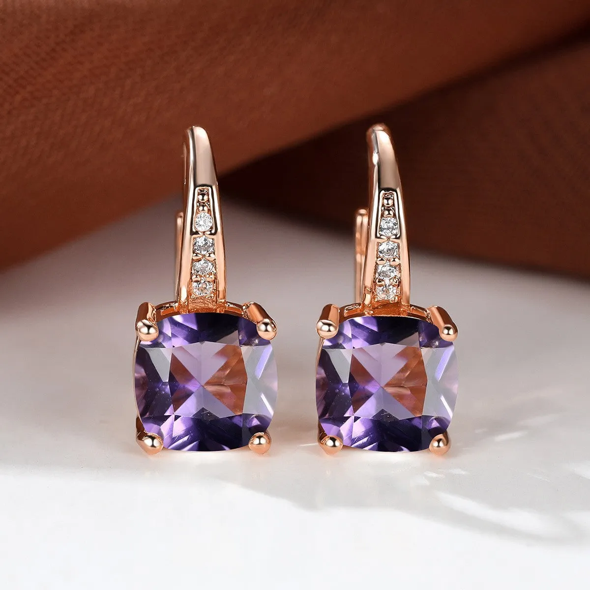 Geometric round ear hook earrings with square zircon inlay in electroplated copper construction