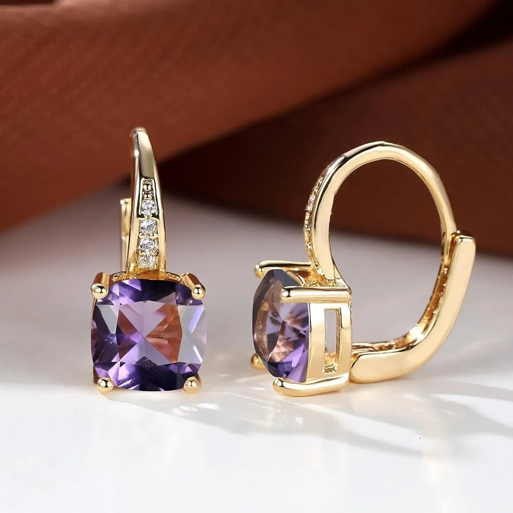 Geometric round ear hook earrings with square zircon inlay in electroplated copper construction