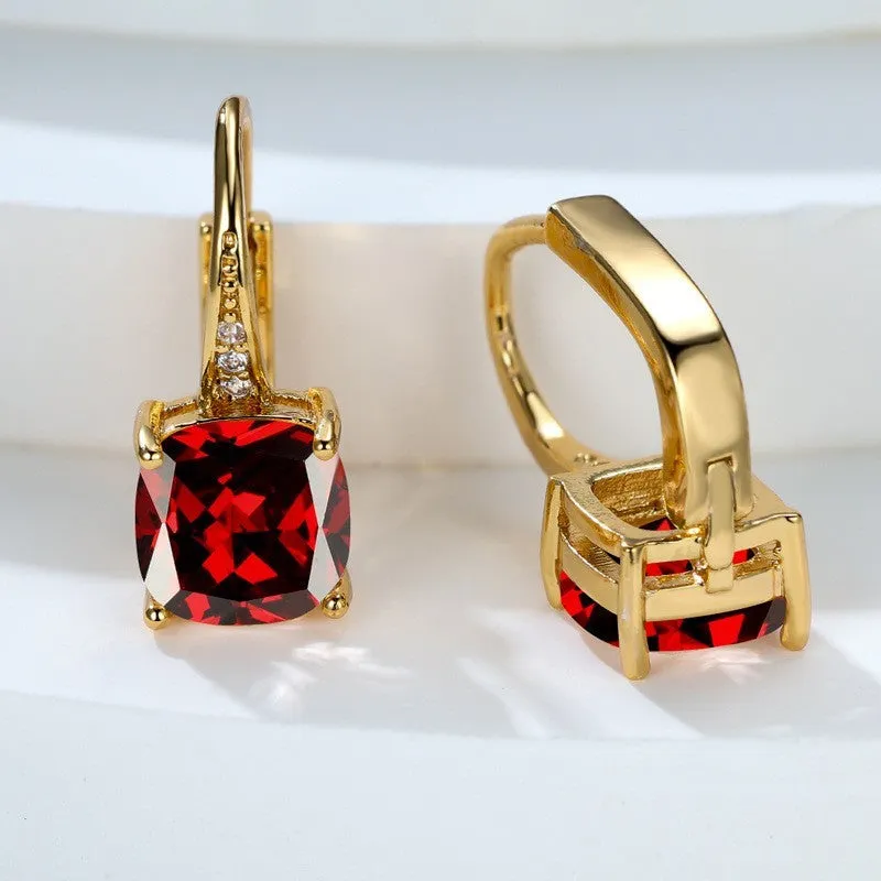 Geometric round ear hook earrings with square zircon inlay in electroplated copper construction