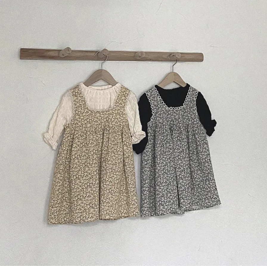 Girls' three-dimensional lace vintage floral vest dress in gray apricot polyester fiber, suitable for heights 73-100cm