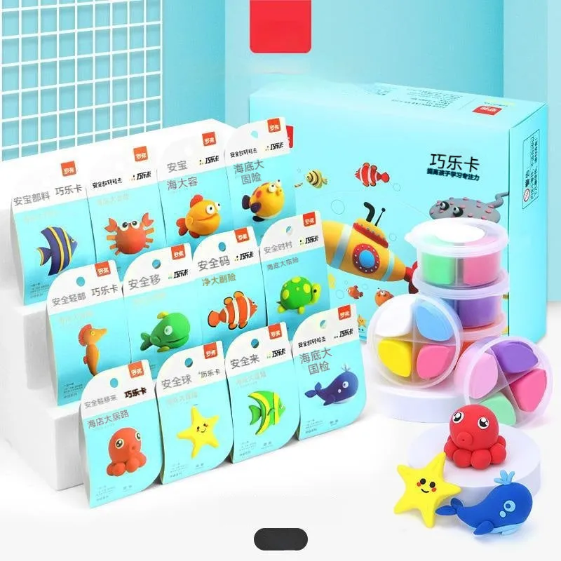 Ultra-light clay children's handmade plasticene set with 18 theme boxes in a colour box, featuring dessert house and animal themes