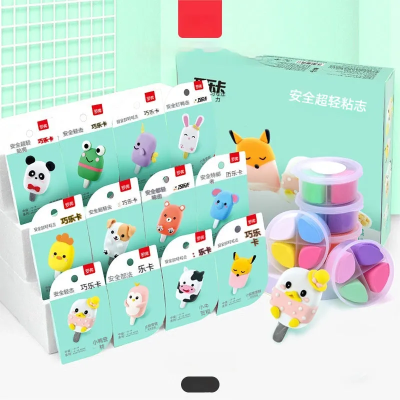 Ultra-light clay children's handmade plasticene set with 18 theme boxes in a colour box, featuring dessert house and animal themes