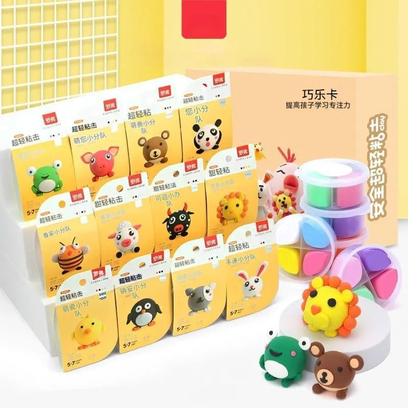 Ultra-light clay children's handmade plasticene set with 18 theme boxes in a colour box, featuring dessert house and animal themes