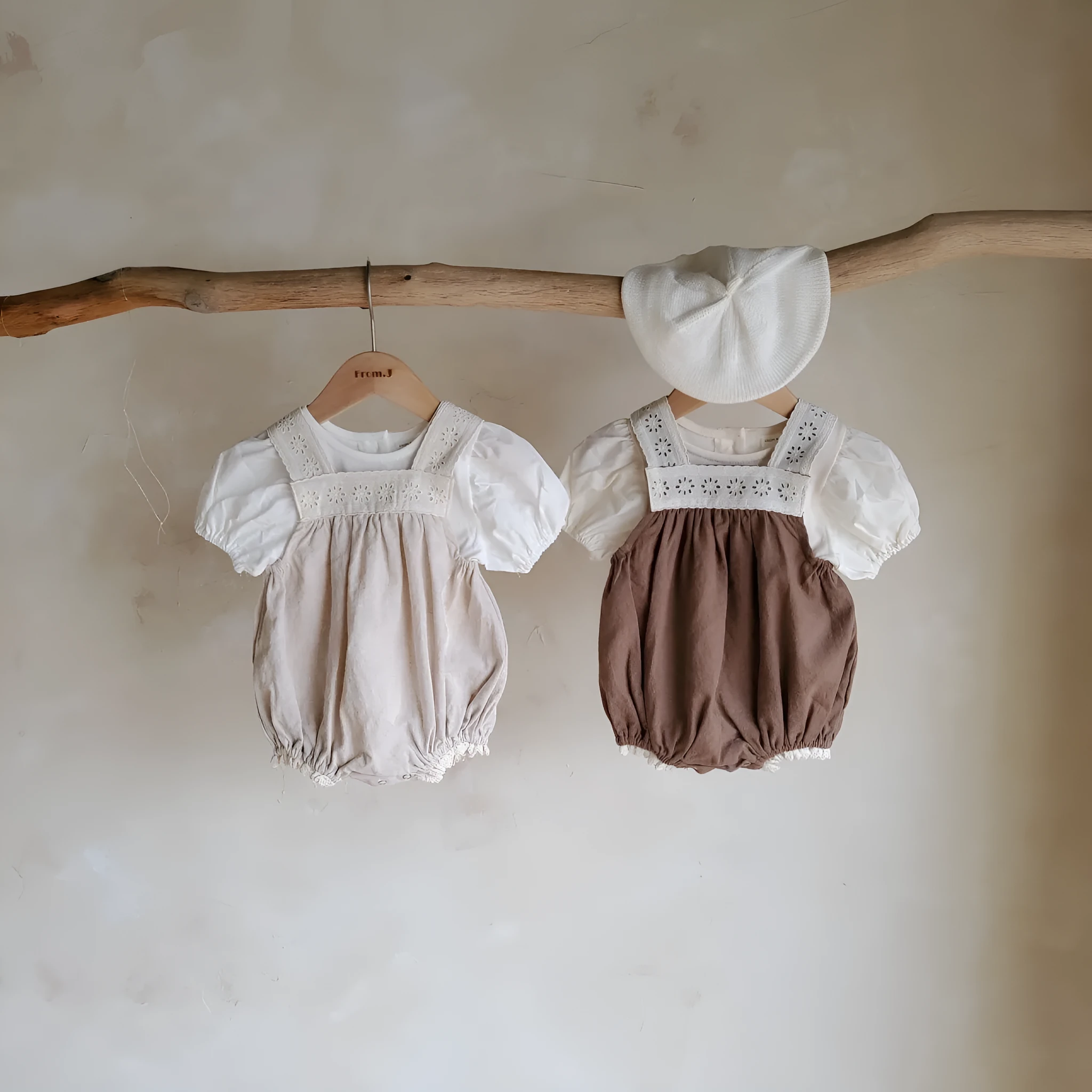 Girls cotton puff short sleeve top and lace strap romper two-piece set in apricot cotton fabric
