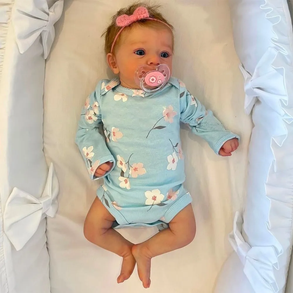 48cm soft rubber simulation baby doll in blue floral clothing with bottle and pacifier accessories
