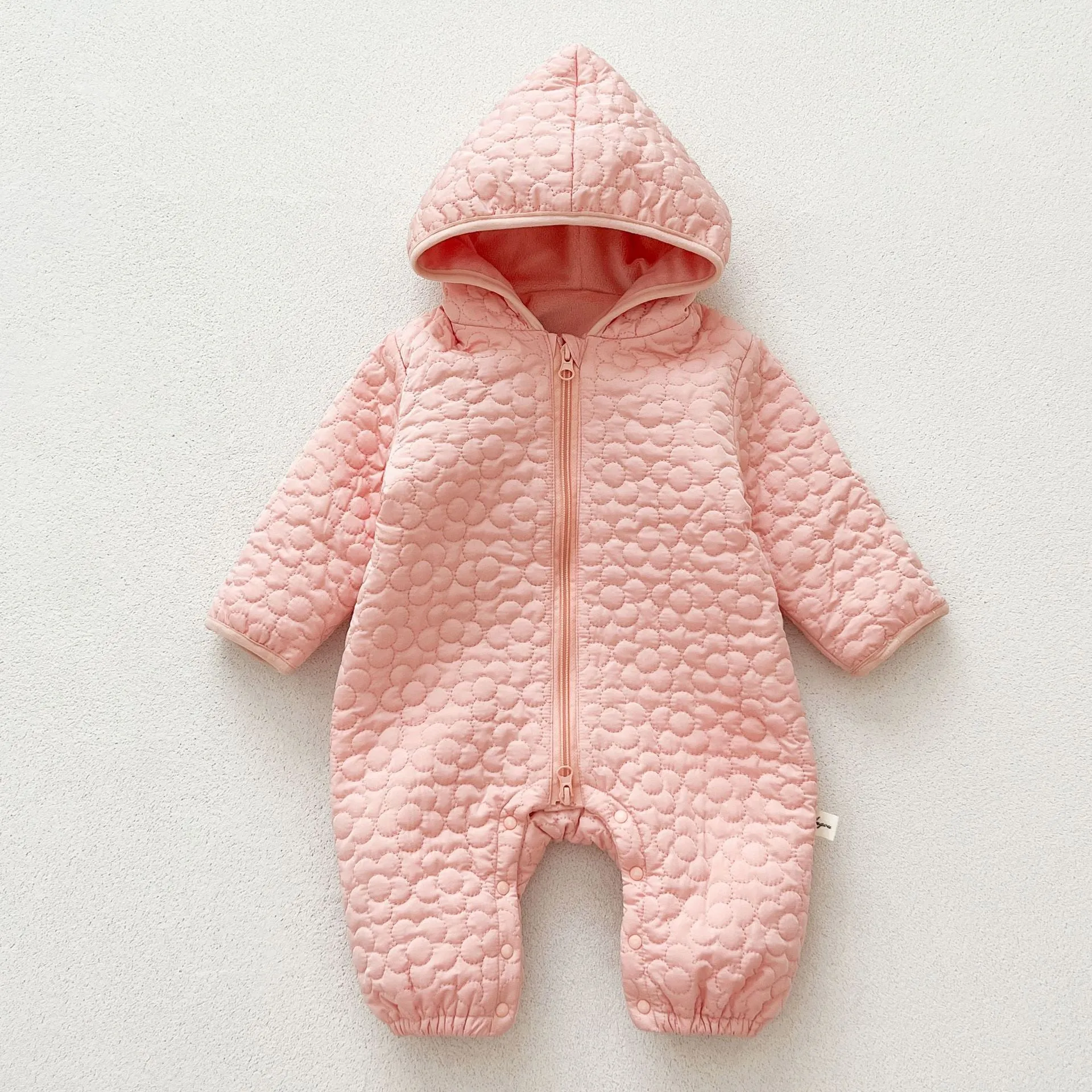 Baby cotton quilted romper with hood in beige, long sleeves, zip-up front