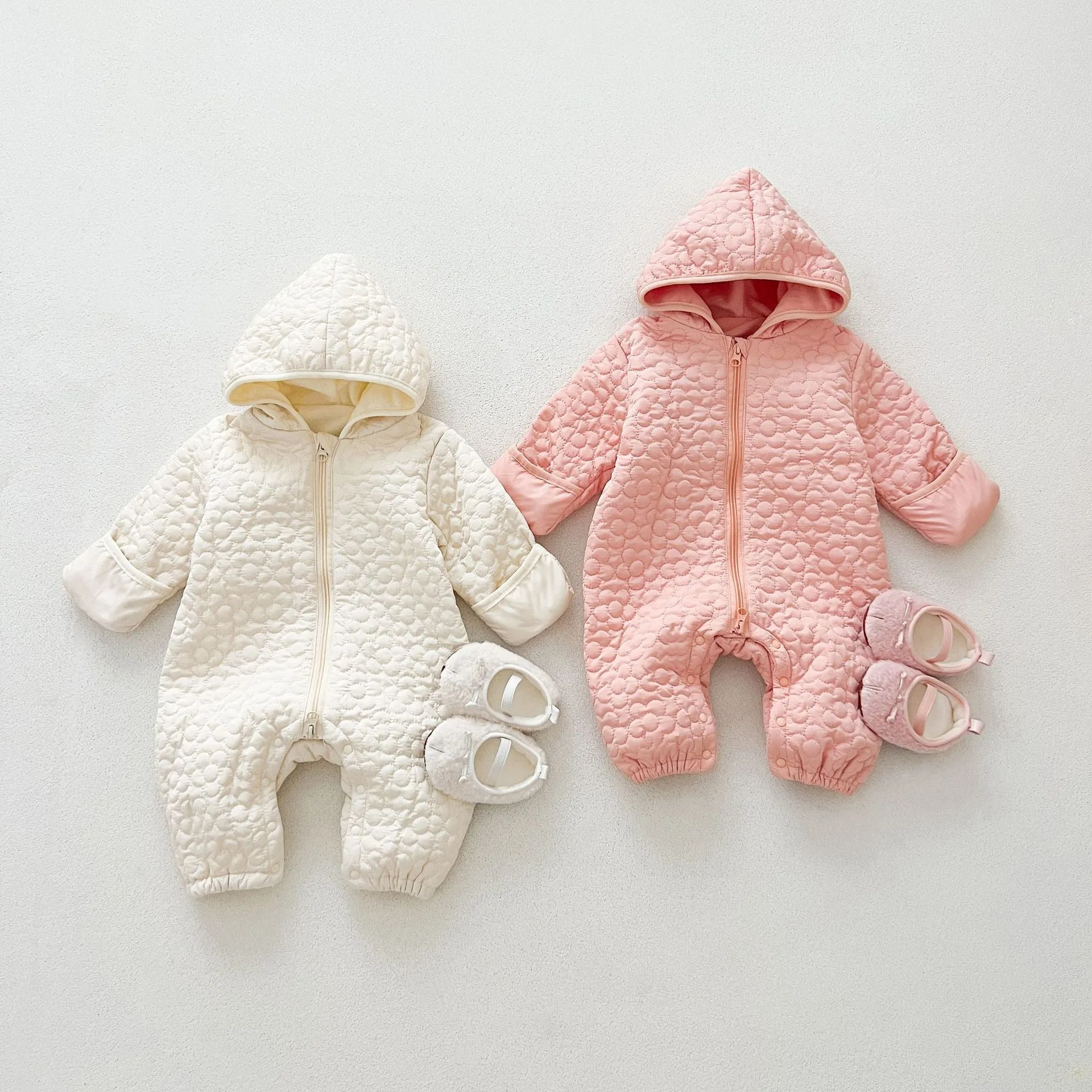 Baby cotton quilted romper with hood in beige, long sleeves, zip-up front