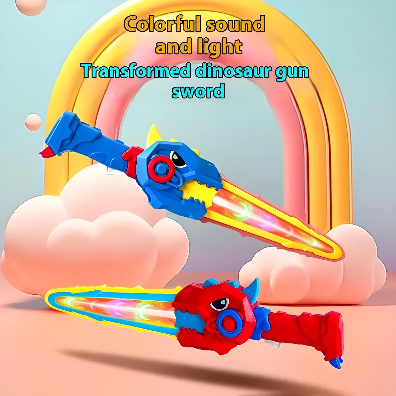 Transformers dinosaur toy with glowing sword in bright blue plastic, 15 cm size, on white background