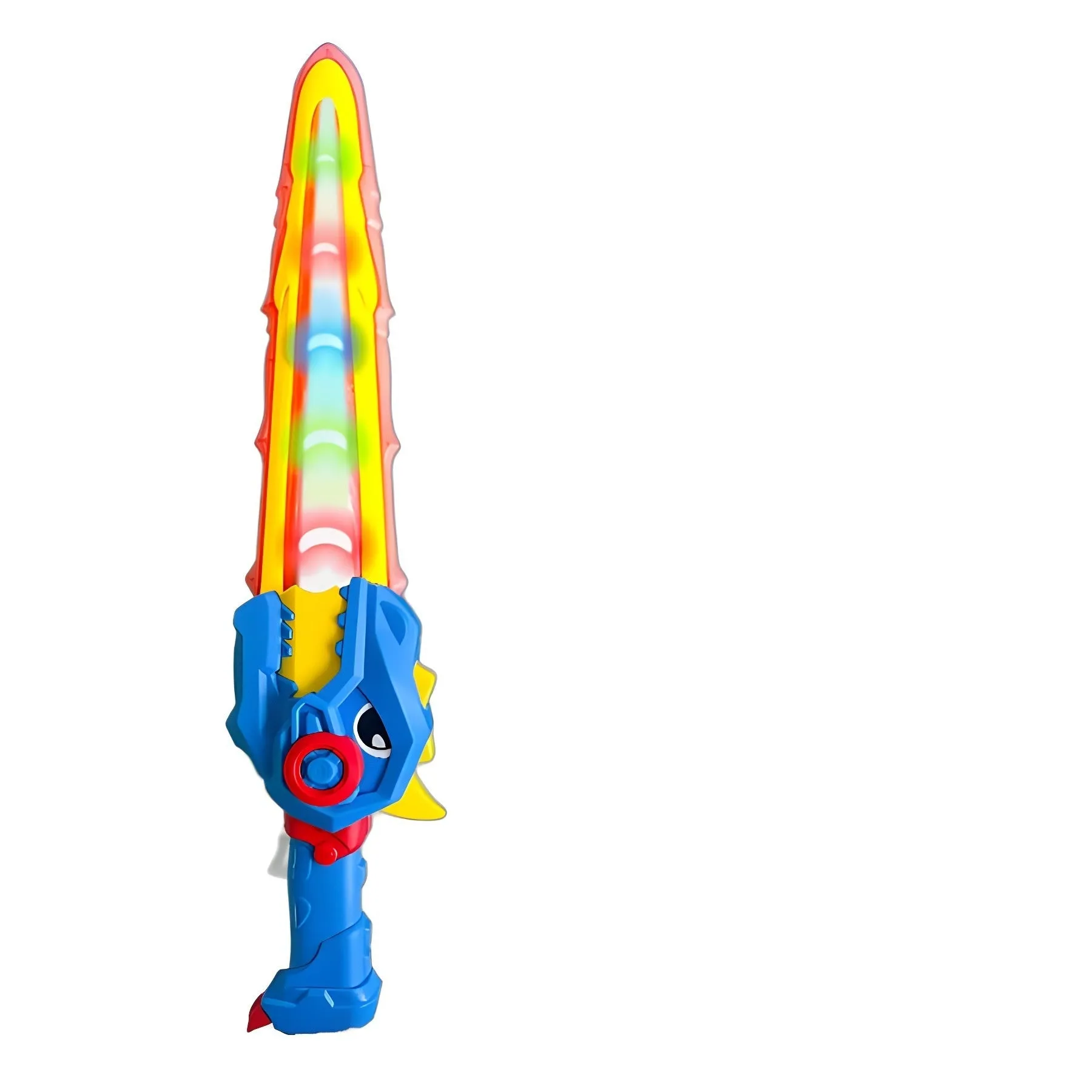 Transformers dinosaur toy with glowing sword in bright blue plastic, 15 cm size, on white background