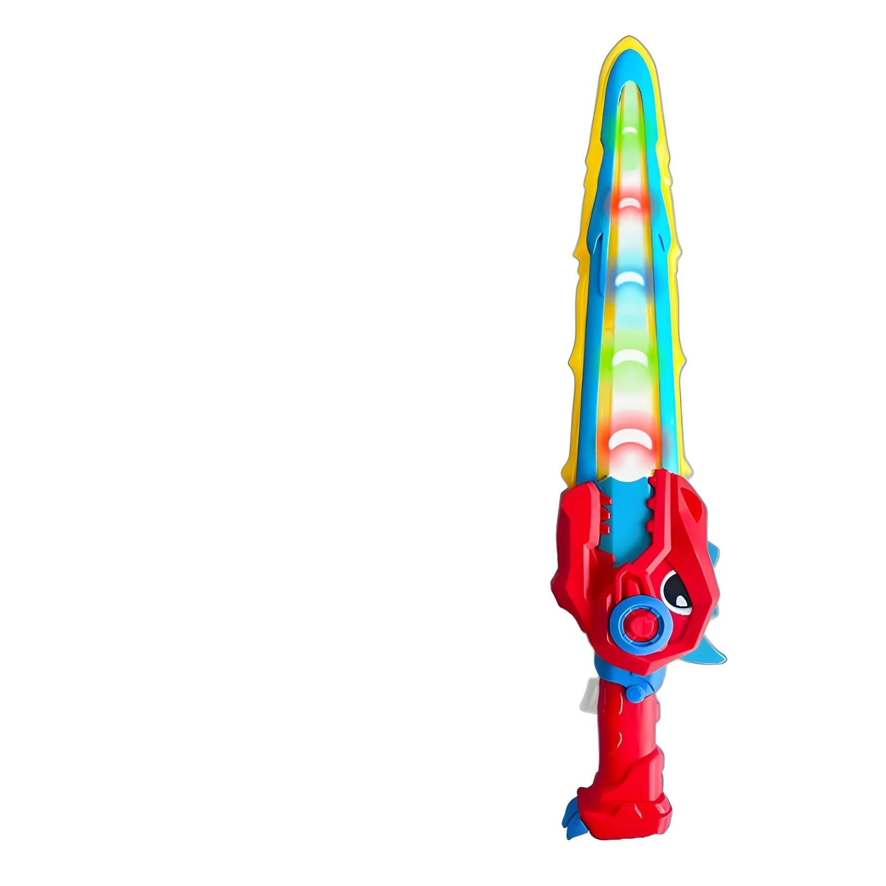 Transformers dinosaur toy with glowing sword in bright blue plastic, 15 cm size, on white background