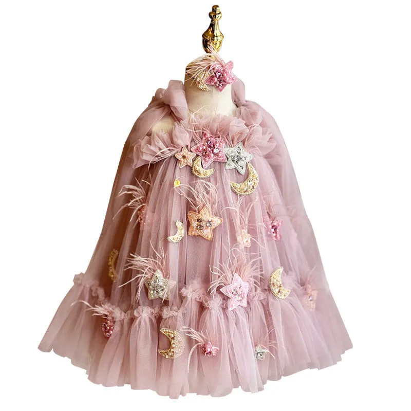 Pink children's spaghetti-strap princess dress with flower print and bow detail, cotton lining, available in 100cm to 140cm height sizes