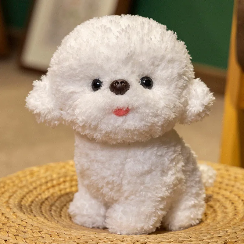 Cute simulation Bichon Frise plush toy with tongue sticking out, available in gray or white, 20cm or 30cm sizes