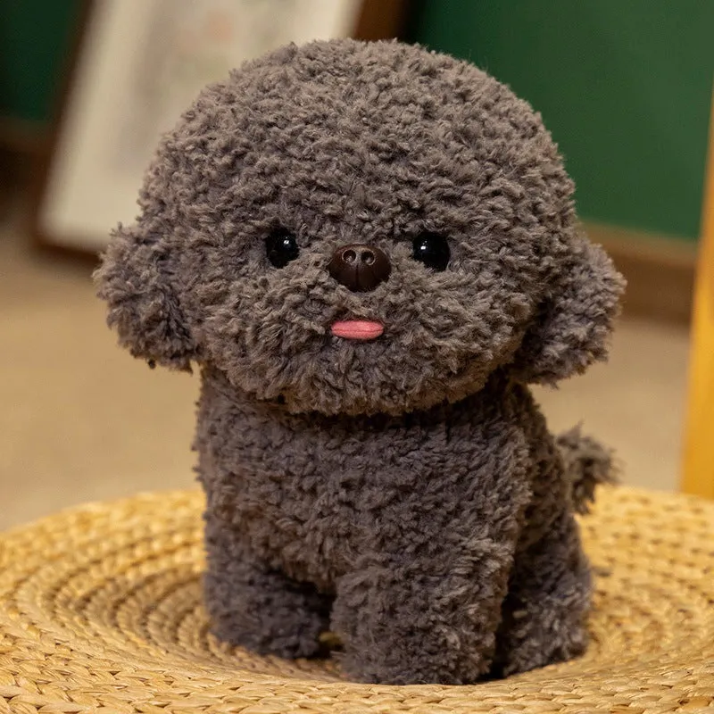 Cute simulation Bichon Frise plush toy with tongue sticking out, available in gray or white, 20cm or 30cm sizes