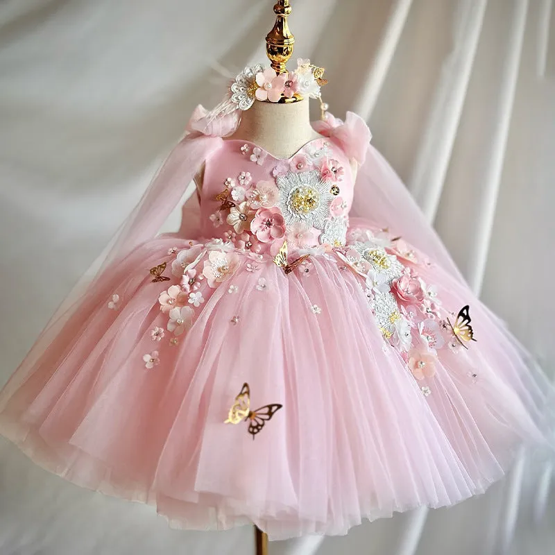 Pink children's mesh sleeveless vest host dress with cotton lining and princess-style skirt for girls 100-140cm