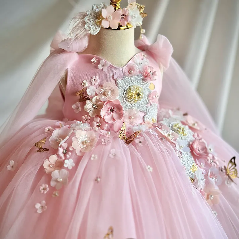 Pink children's mesh sleeveless vest host dress with cotton lining and princess-style skirt for girls 100-140cm