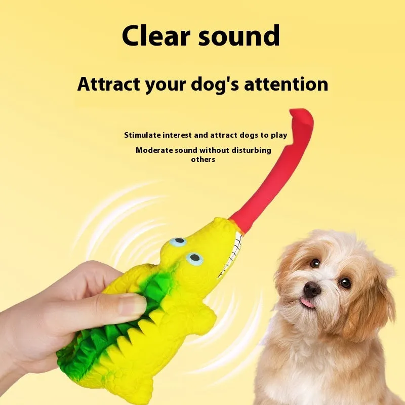 Latex tongue-sticking lizard sounding toy in crocodile colour on white background
