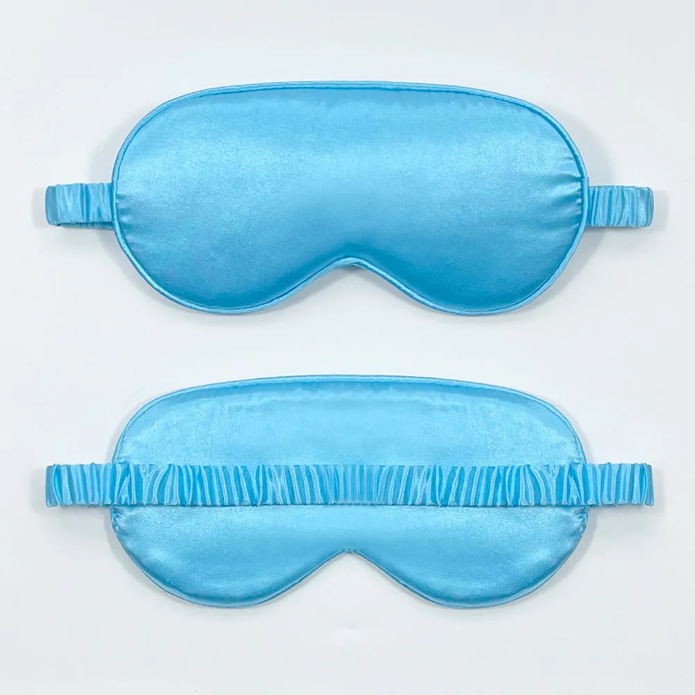 Rayon satin sleep mask in various colours showing double-sided silk-like fabric and elastic strap.