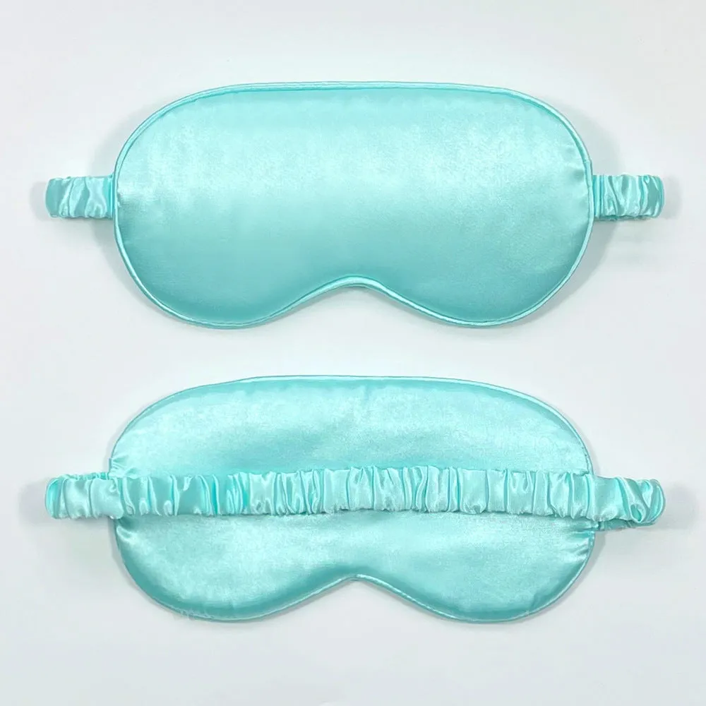 Rayon satin sleep mask in various colours showing double-sided silk-like fabric and elastic strap.