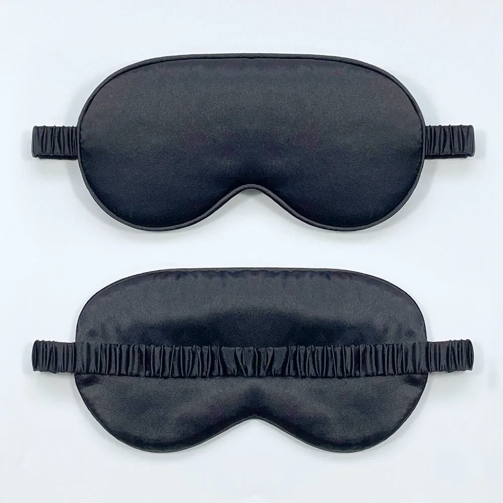 Rayon satin sleep mask in various colours showing double-sided silk-like fabric and elastic strap.