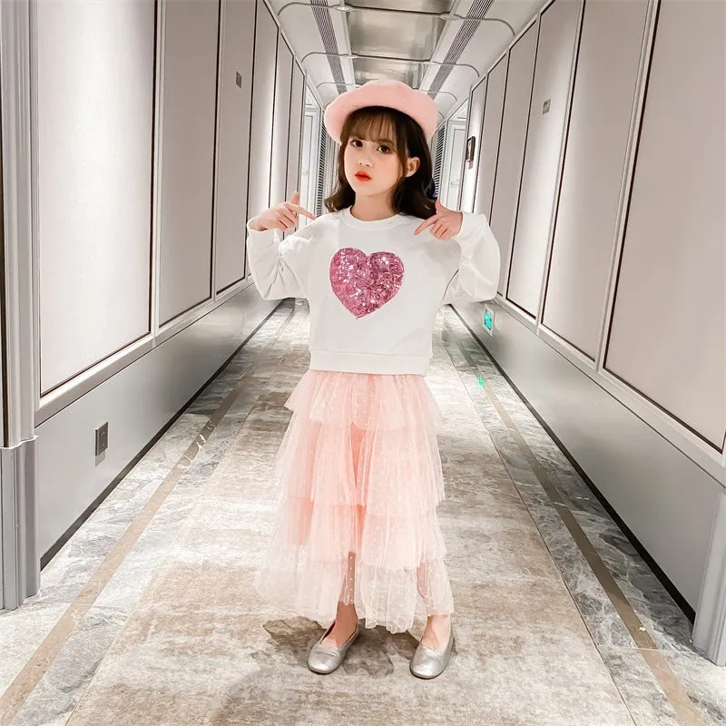 Girls sequin love pullover cotton two-piece skirt set in white and red sizes 110-160cm