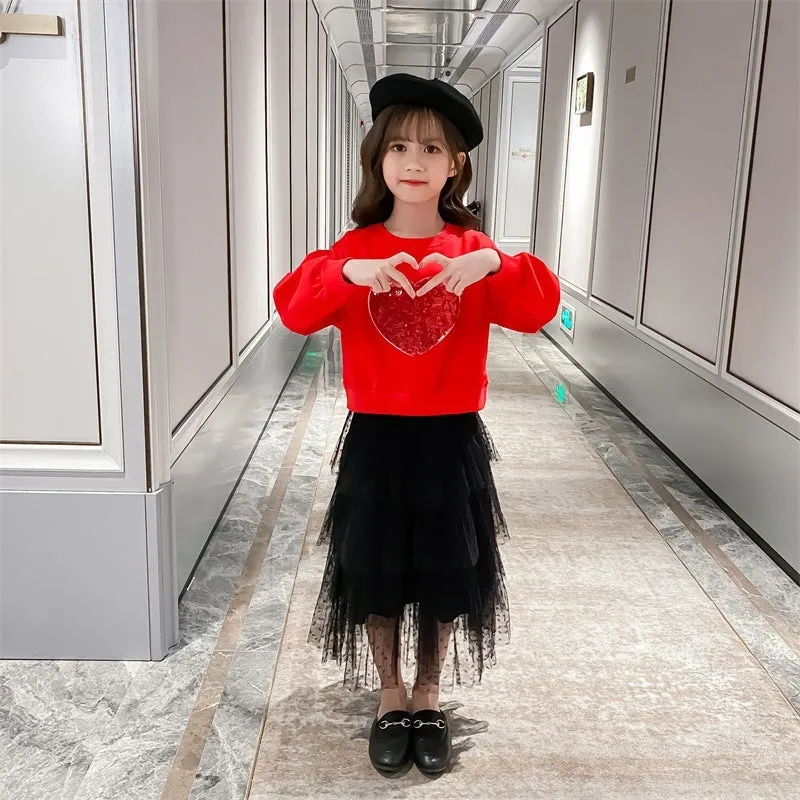 Girls sequin love pullover cotton two-piece skirt set in white and red sizes 110-160cm
