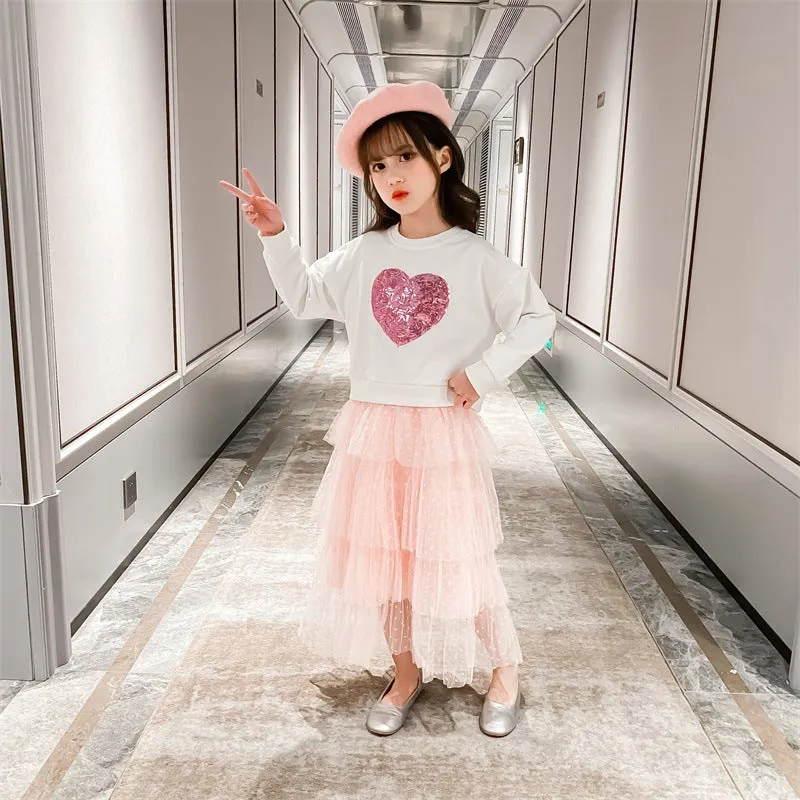 Girls sequin love pullover cotton two-piece skirt set in white and red sizes 110-160cm