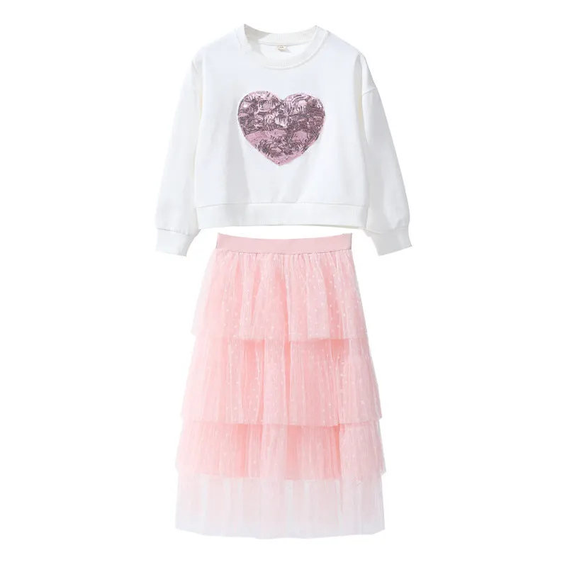 Girls sequin love pullover cotton two-piece skirt set in white and red sizes 110-160cm