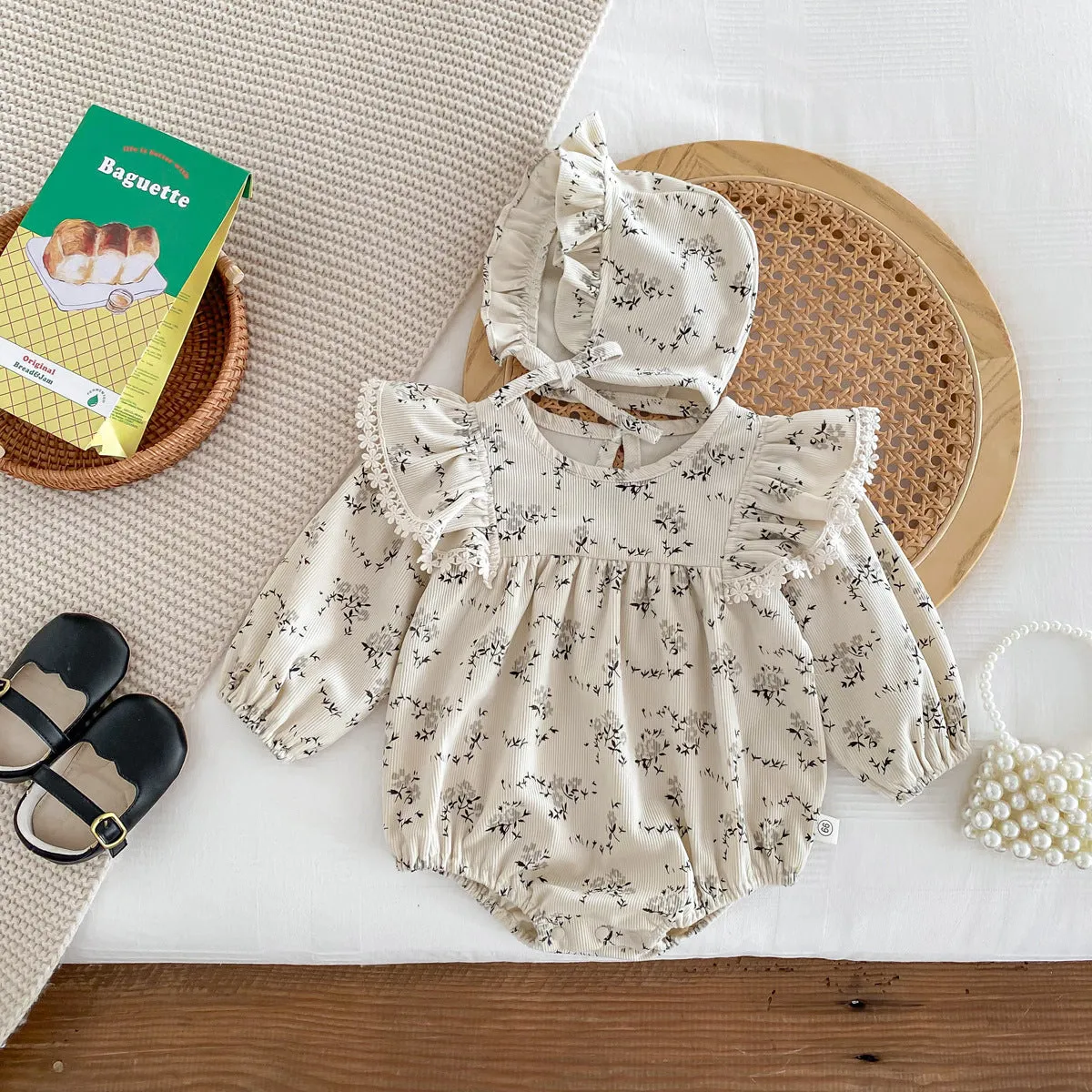 Baby girl corduroy floral jumpsuit in triangle style with long sleeves, round neck, available in black shivering colour