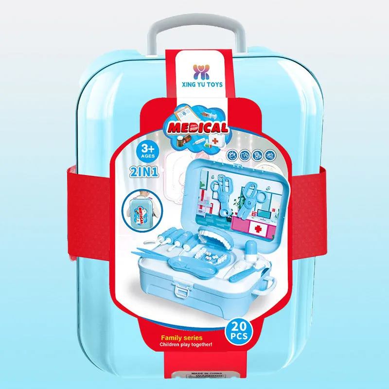 Sky blue plastic toy backpack storage box two-in-one children play house doctor toy for kids aged 4-6