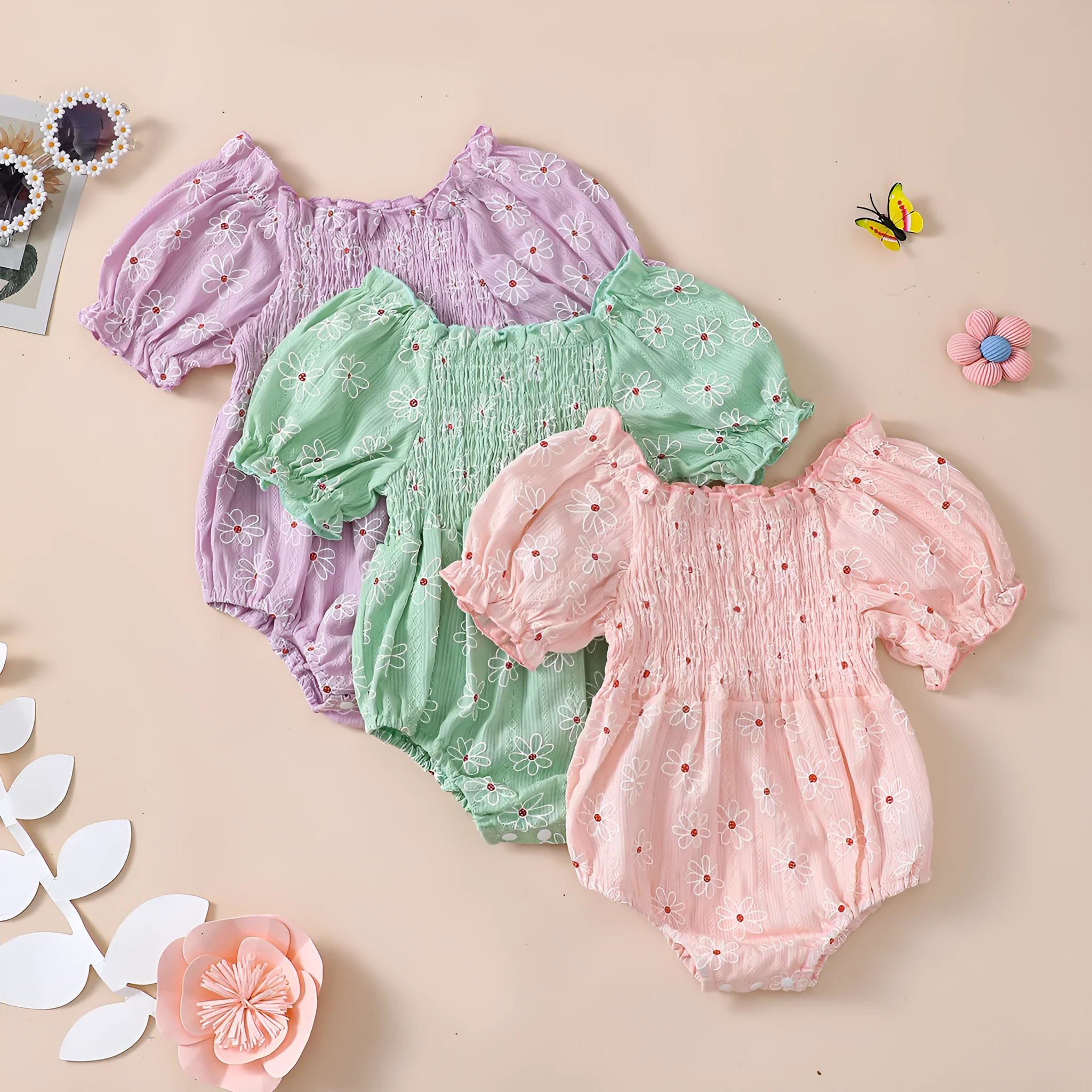 Little Sun Print Puff Sleeve Romper for baby girls in cotton suspender style, available in pink, green, light purple, sizes 70-100cm