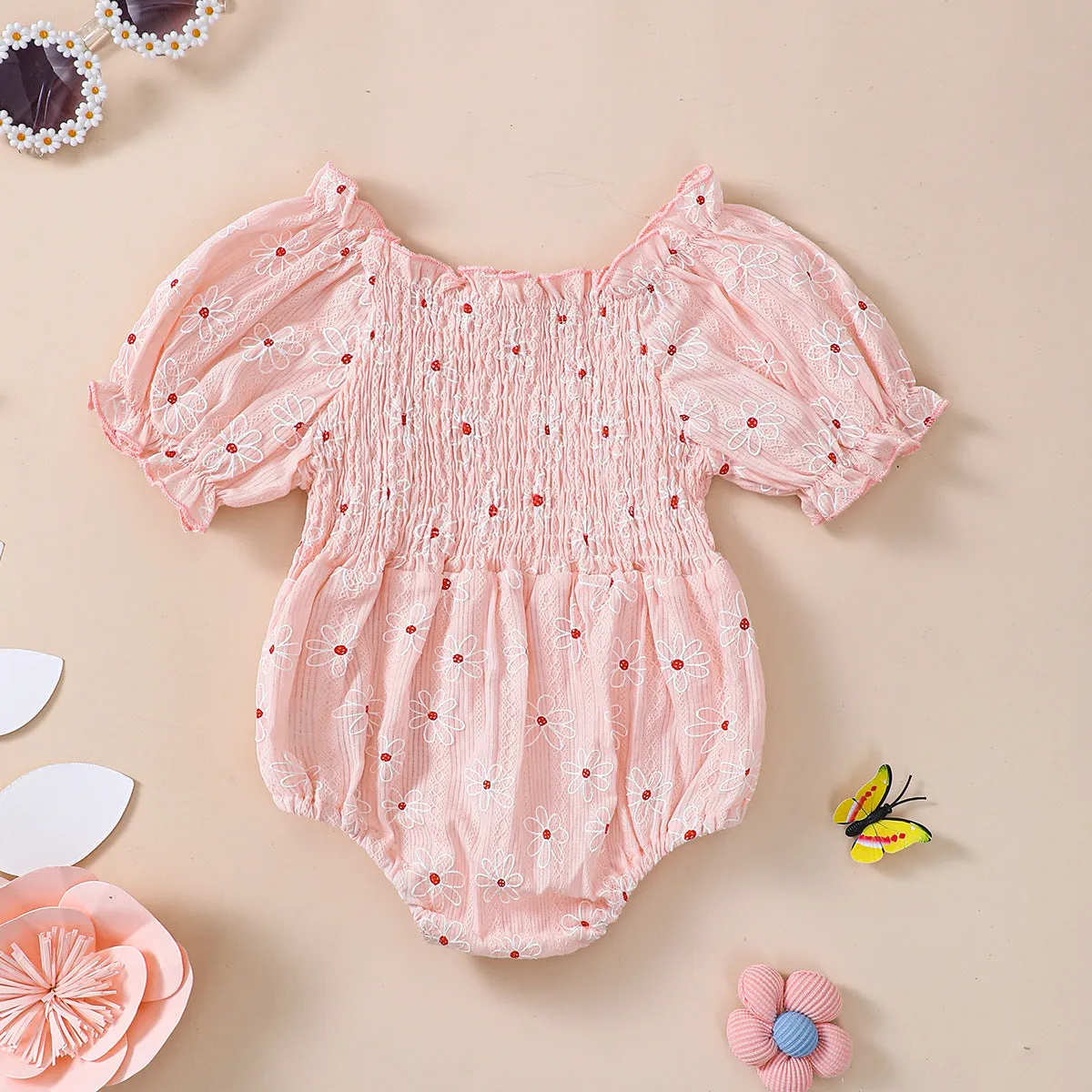 Little Sun Print Puff Sleeve Romper for baby girls in cotton suspender style, available in pink, green, light purple, sizes 70-100cm