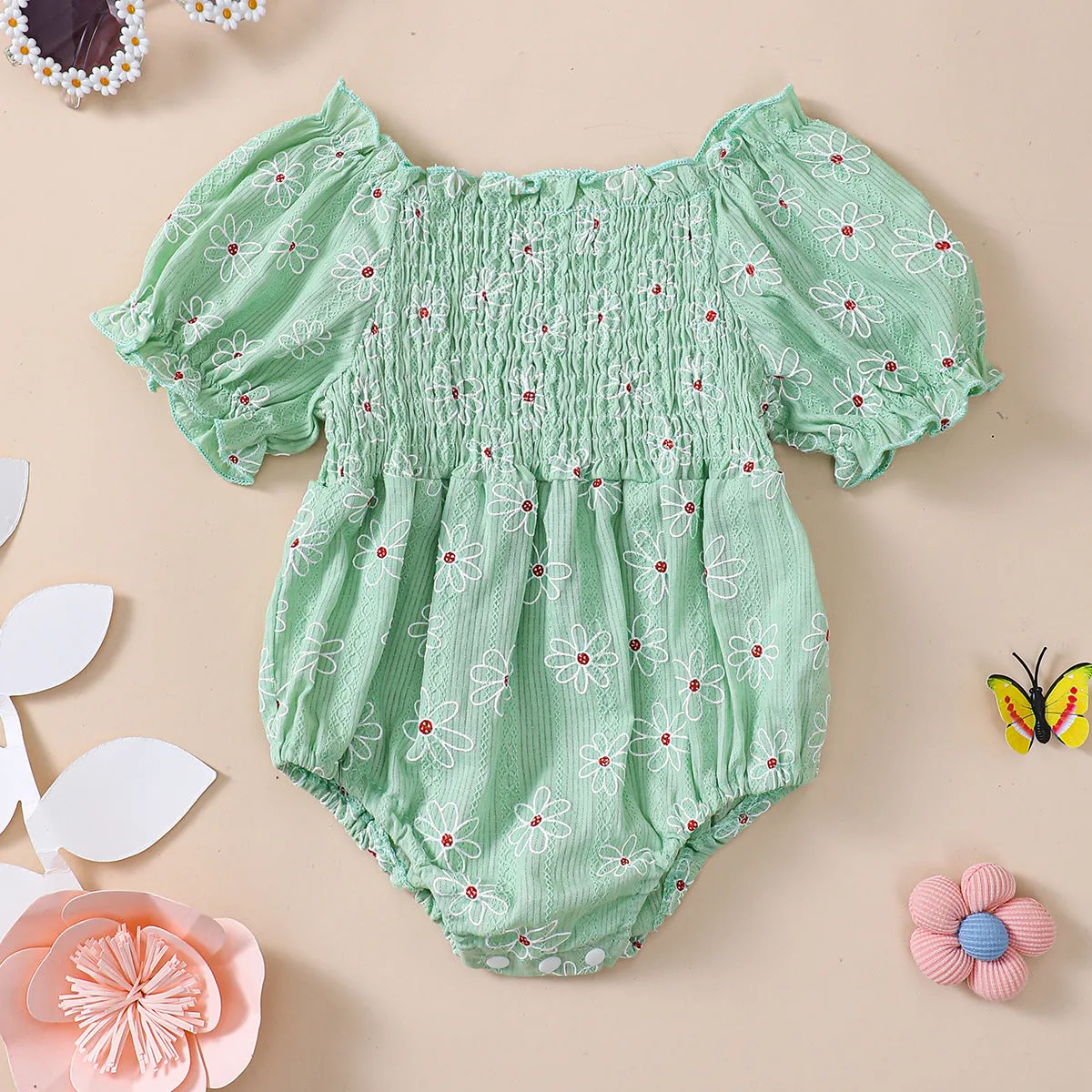 Little Sun Print Puff Sleeve Romper for baby girls in cotton suspender style, available in pink, green, light purple, sizes 70-100cm