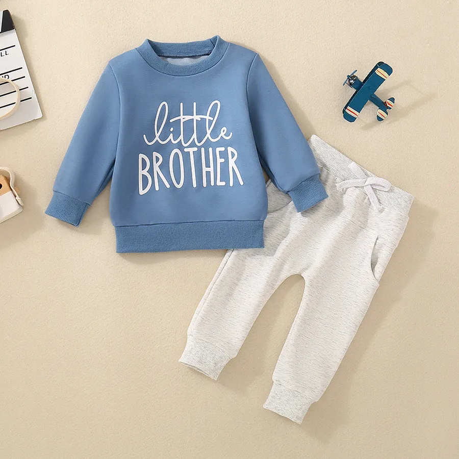 Boys and girls cotton letter sweater suit in dark green with long sleeves and matching pants on a baby