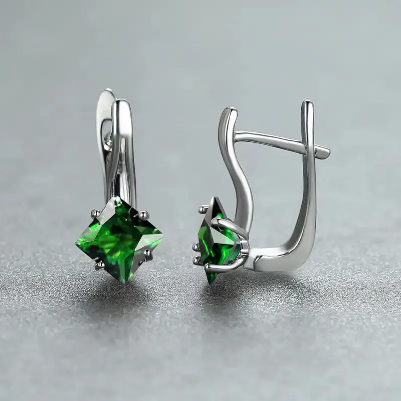 Pair of women's copper earrings with a diamond design and inlaid zircon detailing.