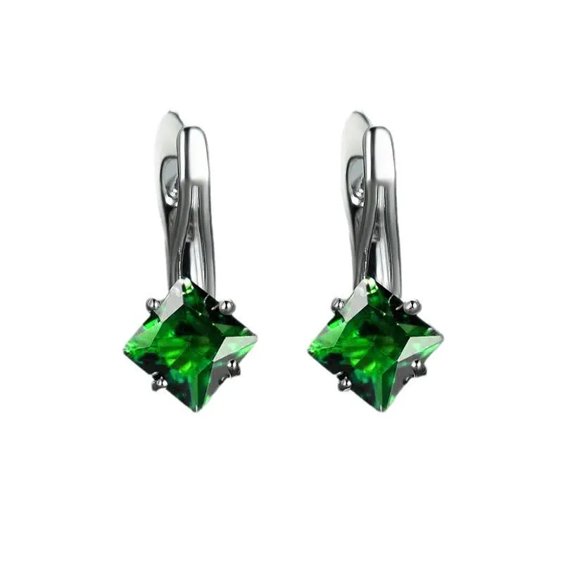 Pair of women's copper earrings with a diamond design and inlaid zircon detailing.