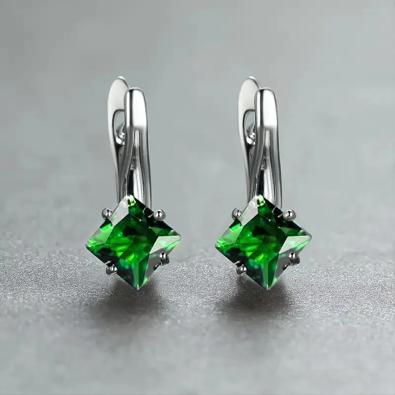 Pair of women's copper earrings with a diamond design and inlaid zircon detailing.
