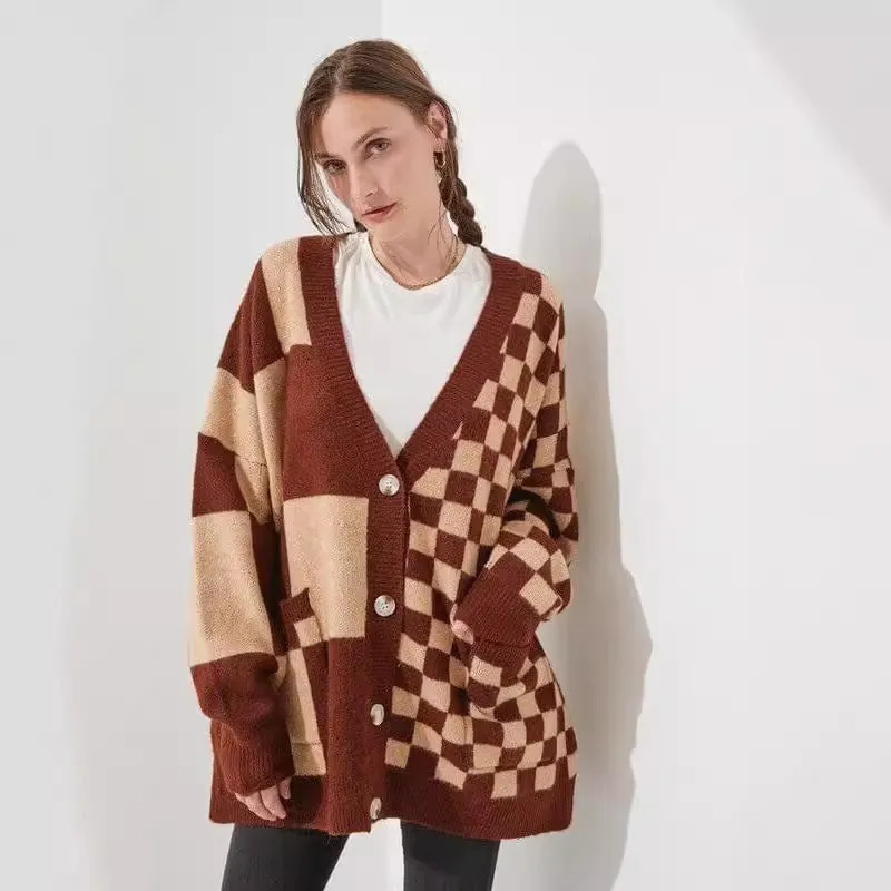 Women's loose slim fit cardigan in a checks print pattern, available in multiple colours.