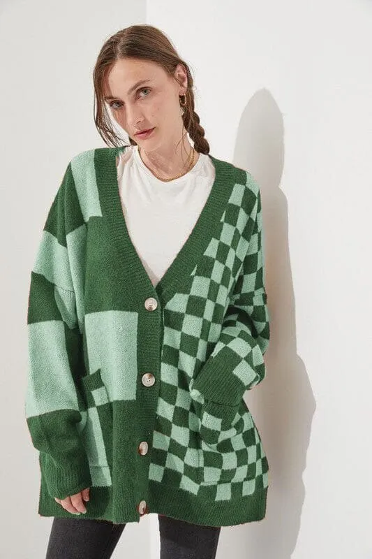 Women's loose slim fit cardigan in a checks print pattern, available in multiple colours.