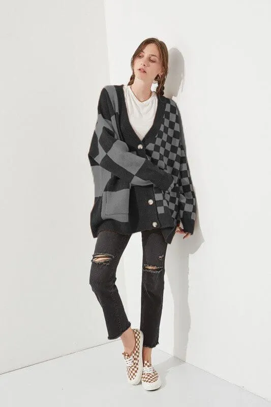 Women's loose slim fit cardigan in a checks print pattern, available in multiple colours.