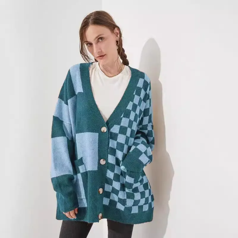 Women's loose slim fit cardigan in a checks print pattern, available in multiple colours.