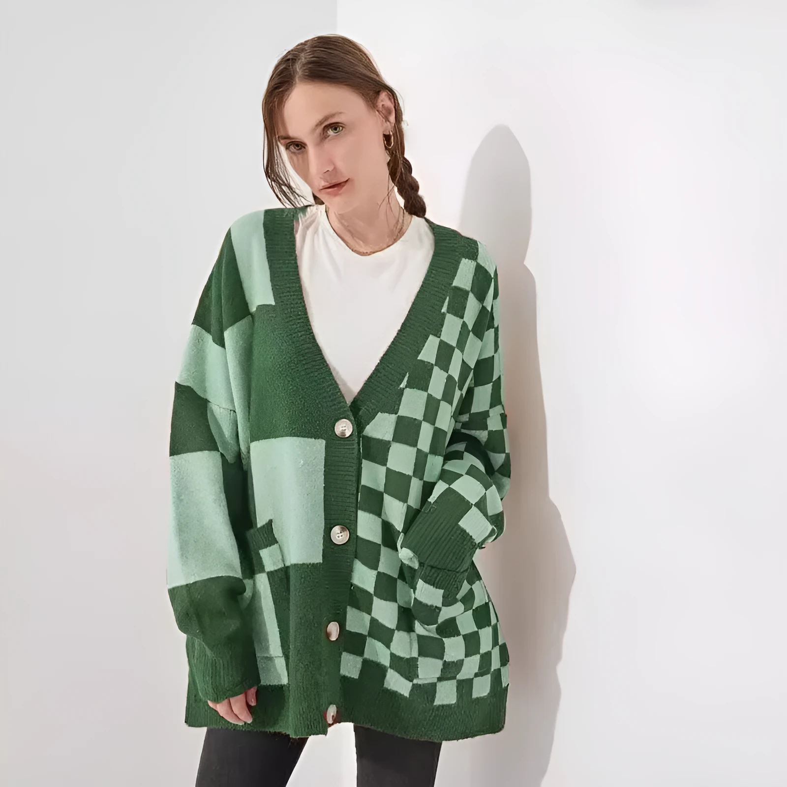 Women's loose slim fit cardigan in a checks print pattern, available in multiple colours.