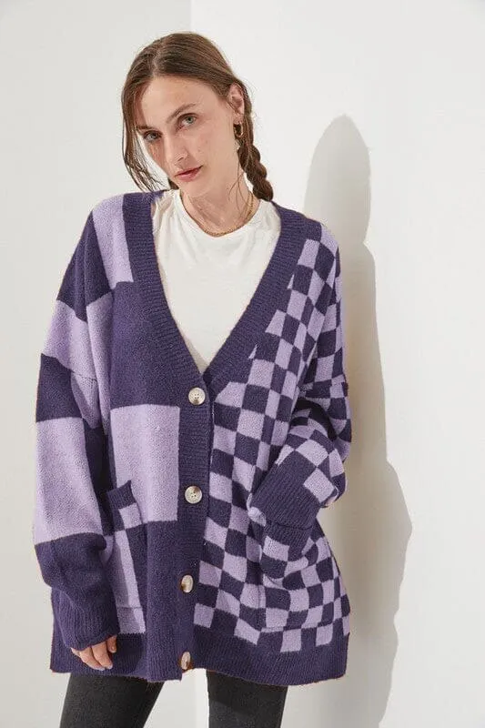 Women's loose slim fit cardigan in a checks print pattern, available in multiple colours.