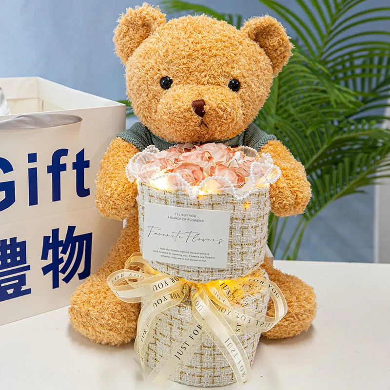 Bear doll with soap flower rose bouquet in clear case, available in 30cm, 40cm, and 50cm sizes