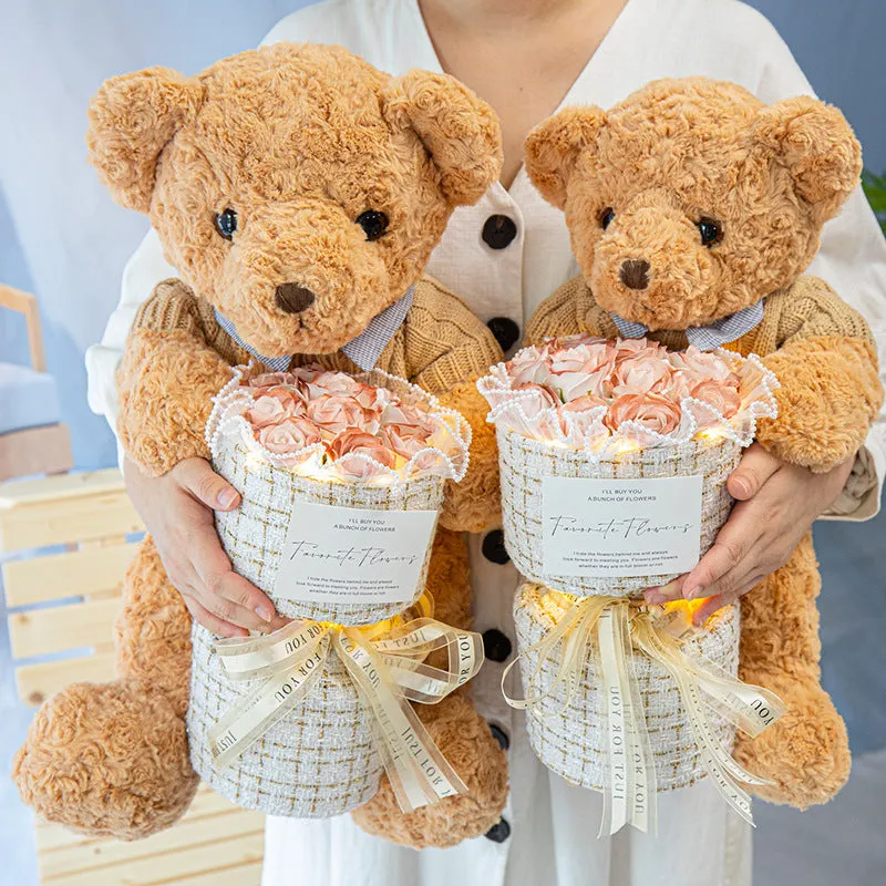 Bear doll with soap flower rose bouquet in clear case, available in 30cm, 40cm, and 50cm sizes