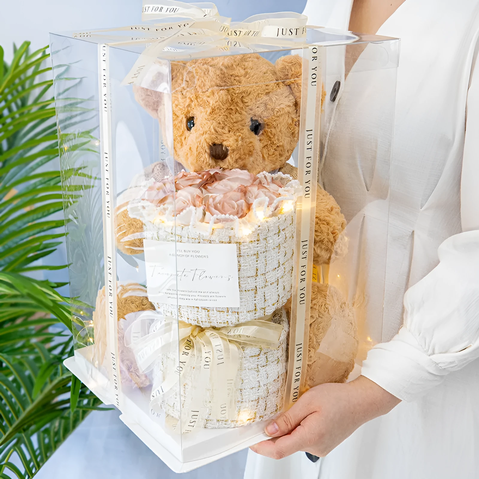 Bear doll with soap flower rose bouquet in clear case, available in 30cm, 40cm, and 50cm sizes