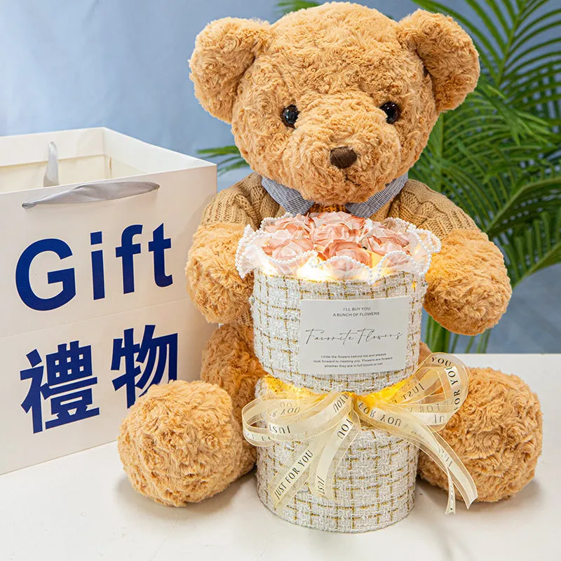 Bear doll with soap flower rose bouquet in clear case, available in 30cm, 40cm, and 50cm sizes
