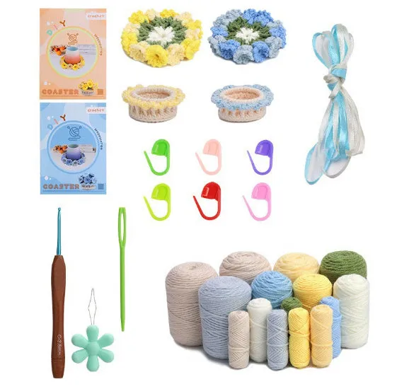 White yarn ball and blueyellow coaster crocheted material package with wool blend yarn