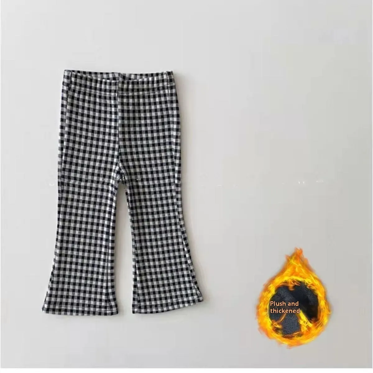 Girls fleece-lined bell-bottom pants in plaid pattern, polyester fabric, mid-waist, suitable for 80-150cm height